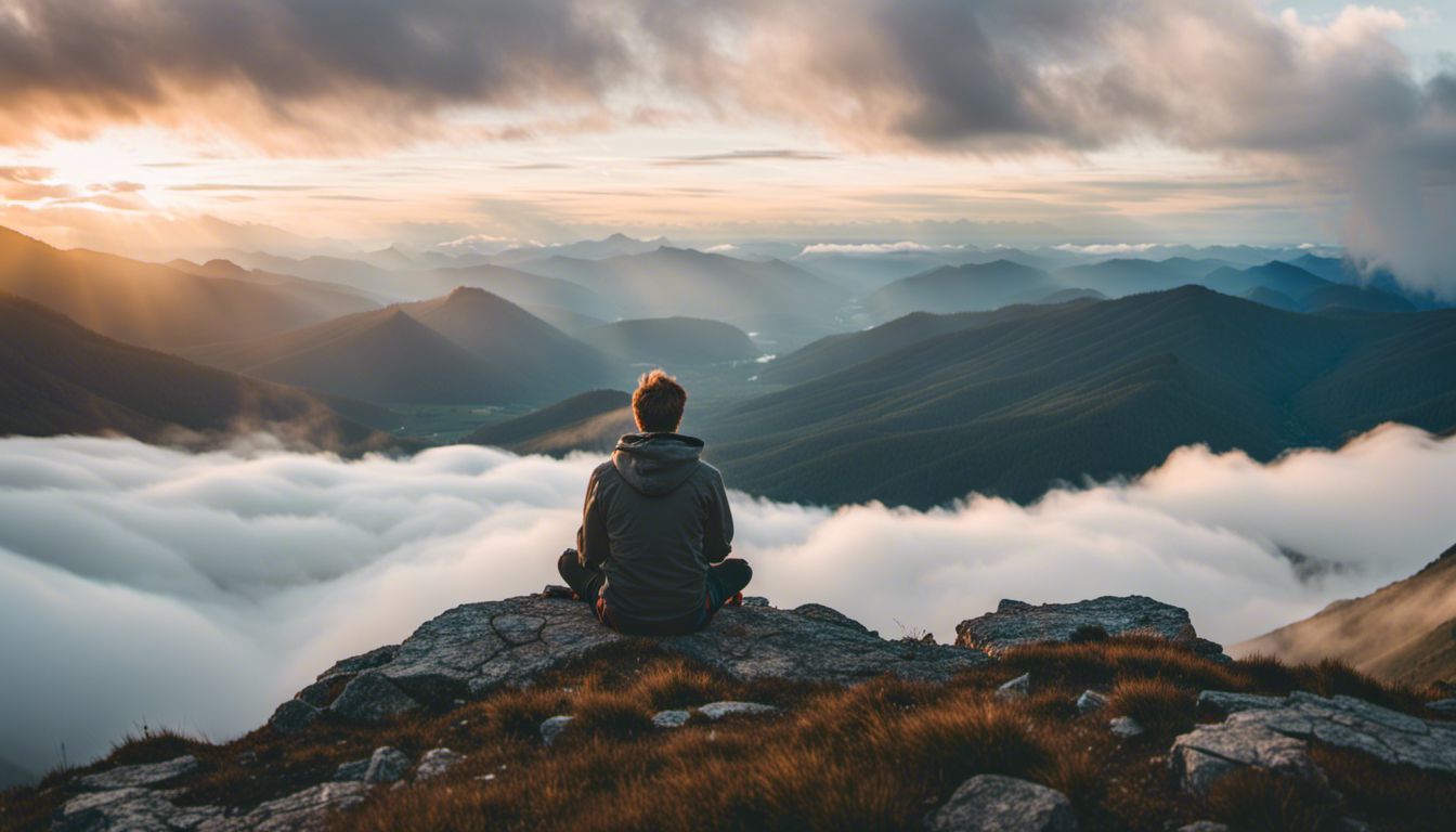 A person meditating on a mountaintop surrounded by clouds in nature.