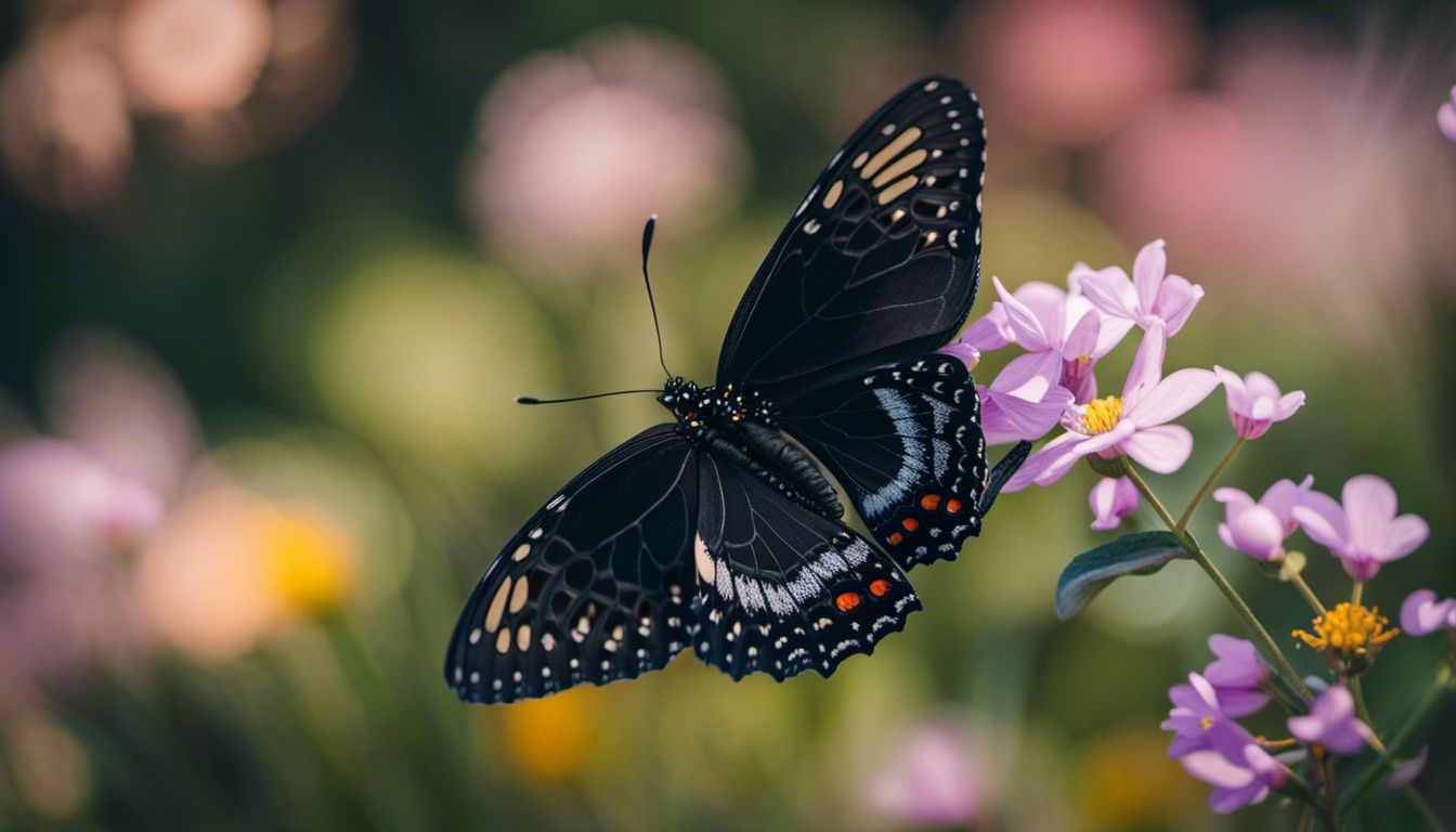 Black butterfly on flower, varied faces, hair, outfits, vibrant atmosphere.