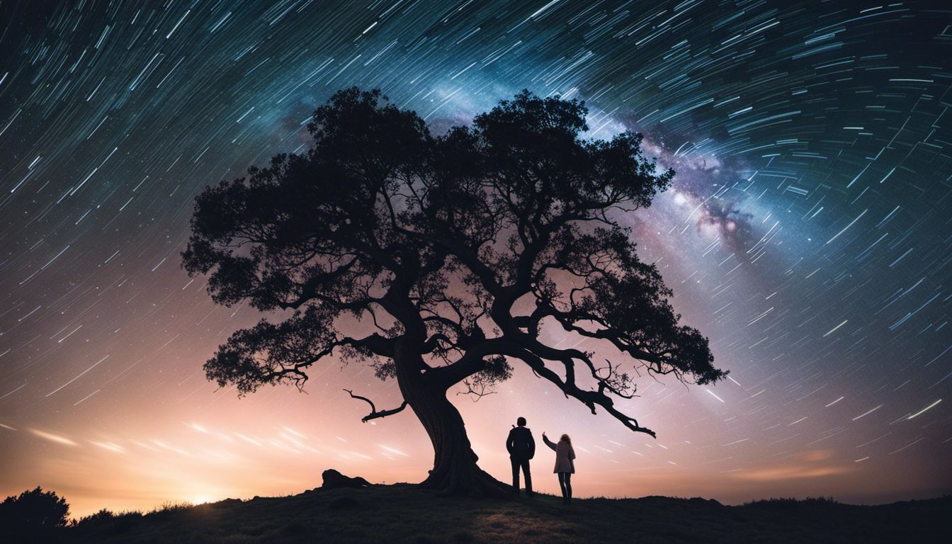 A surreal night sky with swirling constellations and an ancient tree.