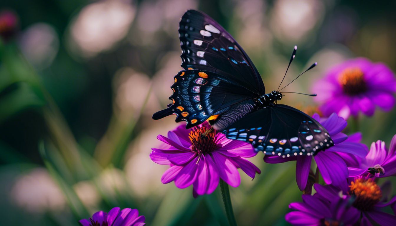 A black butterfly on a purple flower with diverse faces and styles.