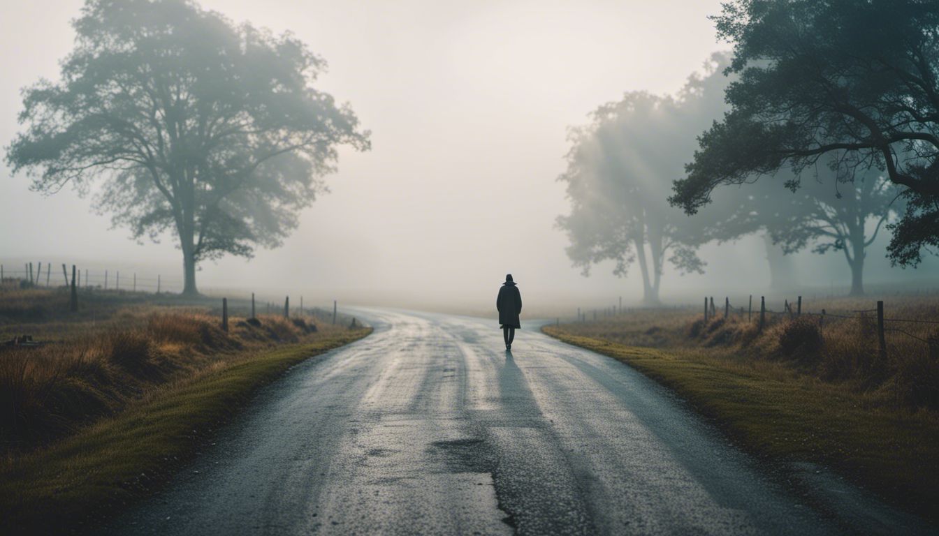 Photography of a person at a crossroads surrounded by fog.