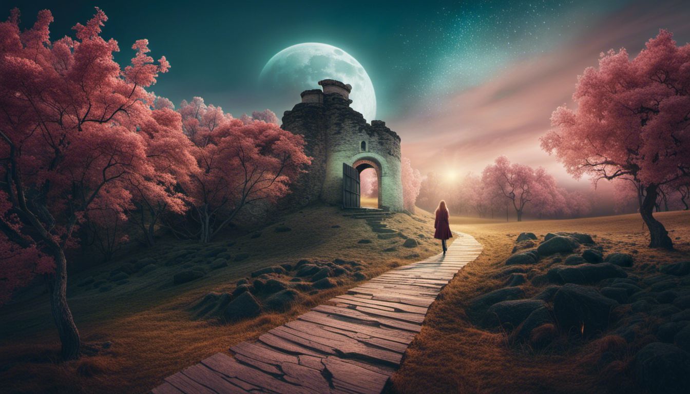 A surreal landscape with glowing moon, mystical trees, and mysterious door.
