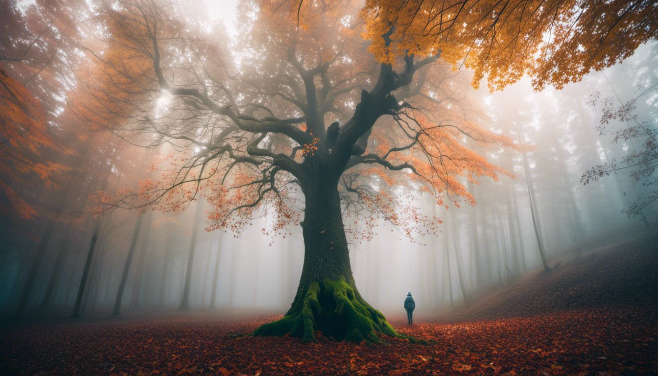 A solitary tree standing tall in a vibrant autumn forest.