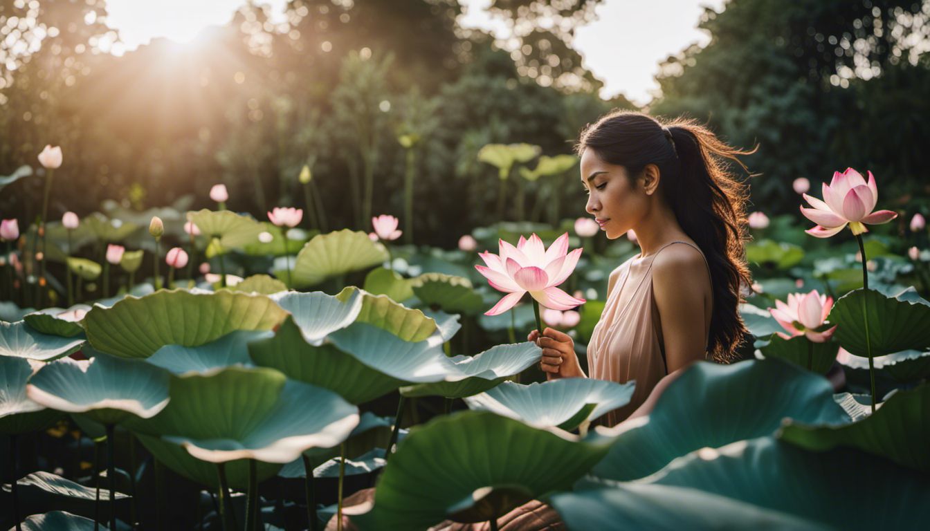 A vibrant lotus flower surrounded by diverse people in a garden.