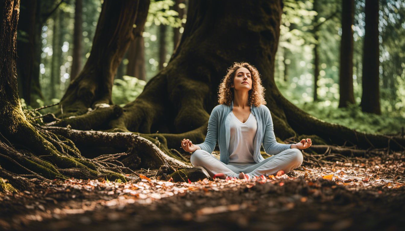 A person meditates under a serene forest tree in nature.
