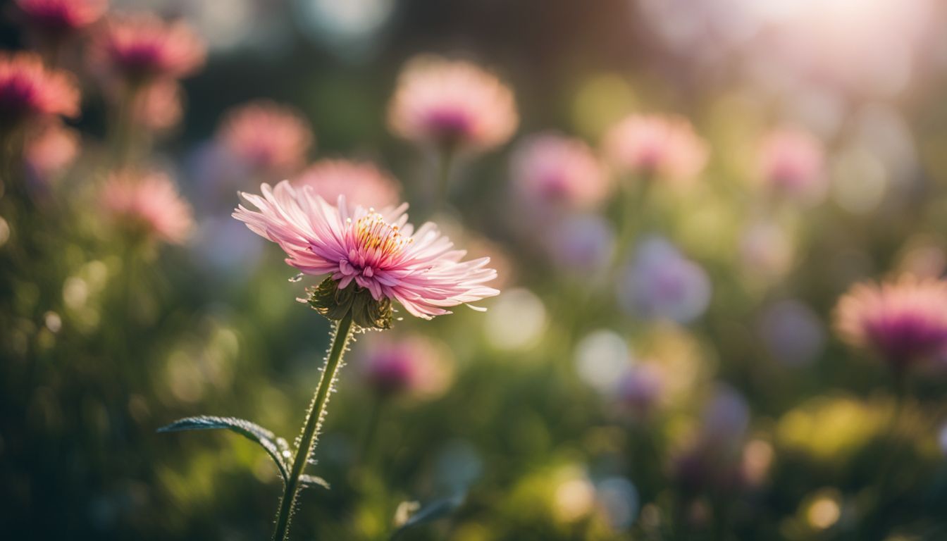 Close-up photo of a blooming flower surrounded by sneeze-like particles.