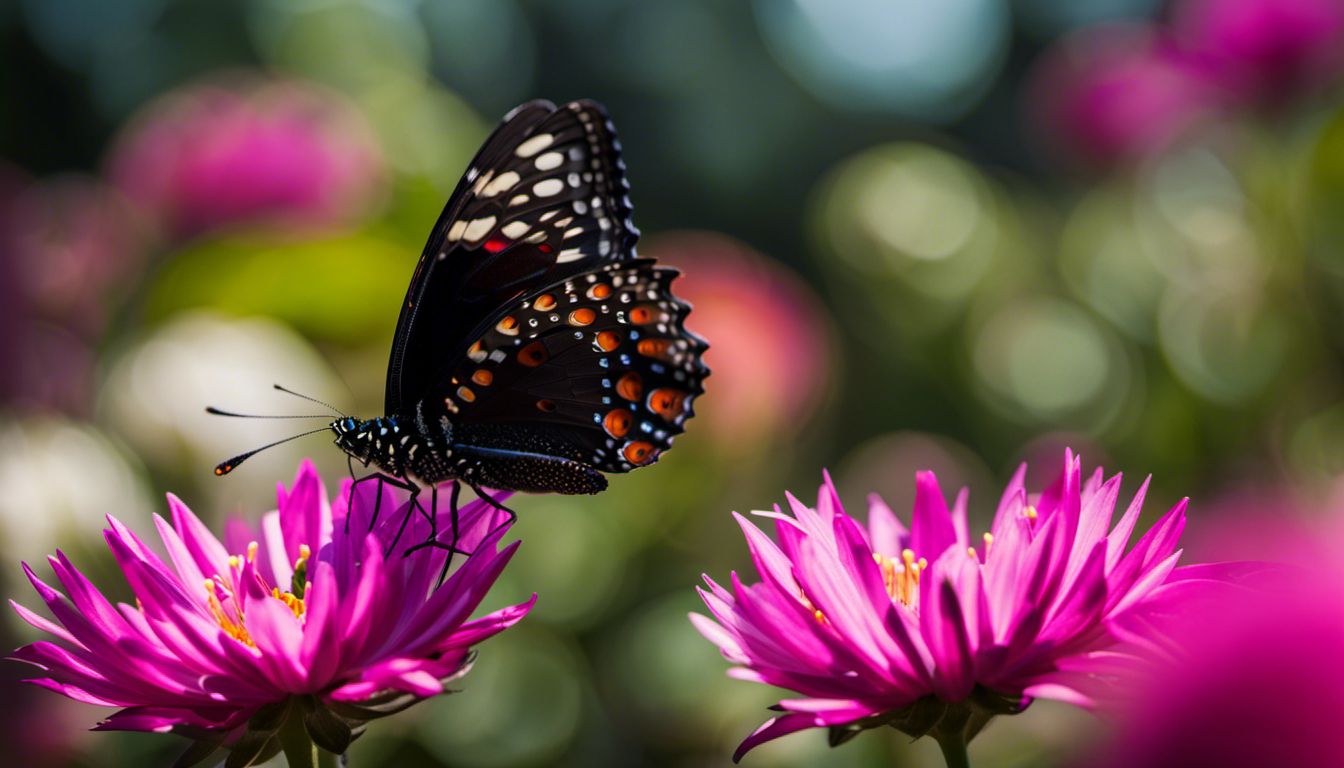 A black butterfly rests on a vibrant flower in a peaceful garden.