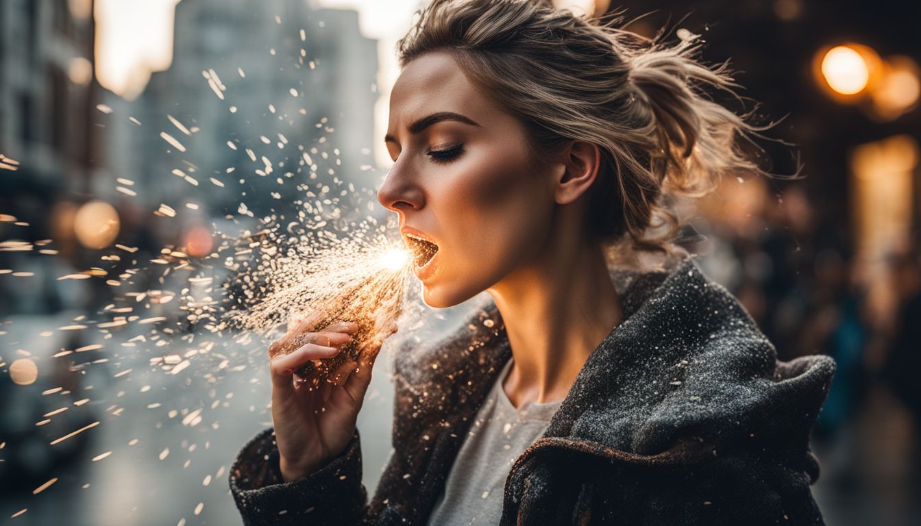 A detailed street photograph of a woman sneezing in a busy city.