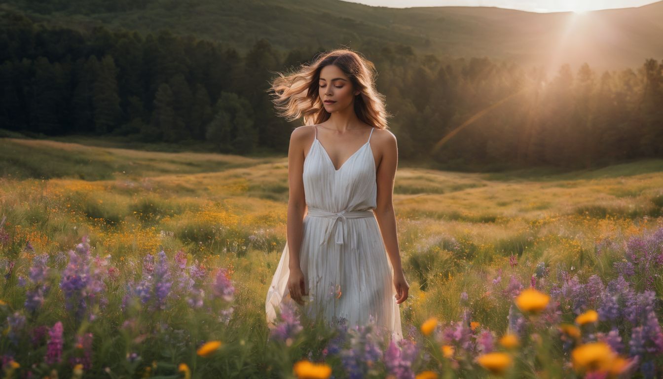 A person in a field of wildflowers with various faces and outfits.