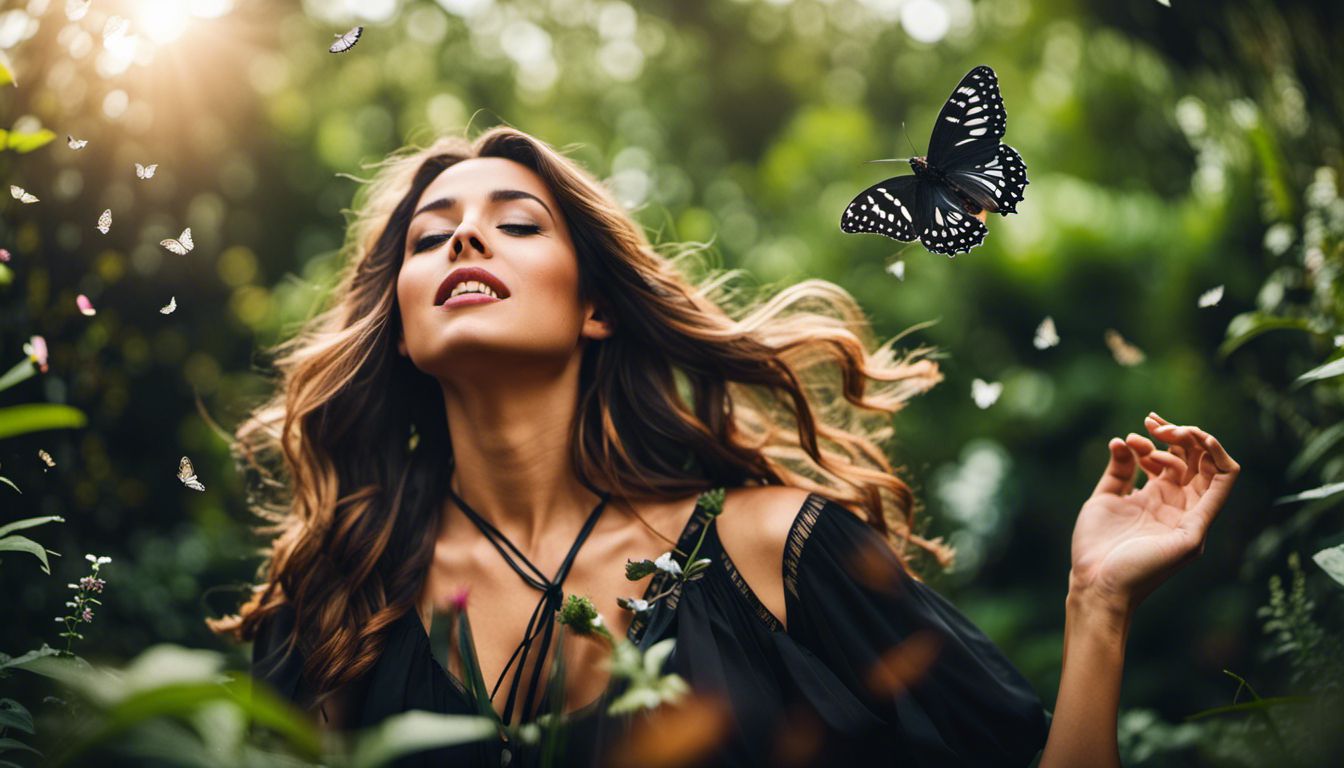 A woman releases a black butterfly in a lush garden.
