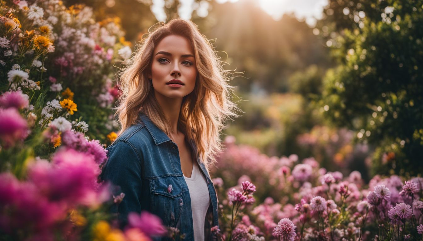 Person surrounded by flowers in a vibrant outdoor setting.