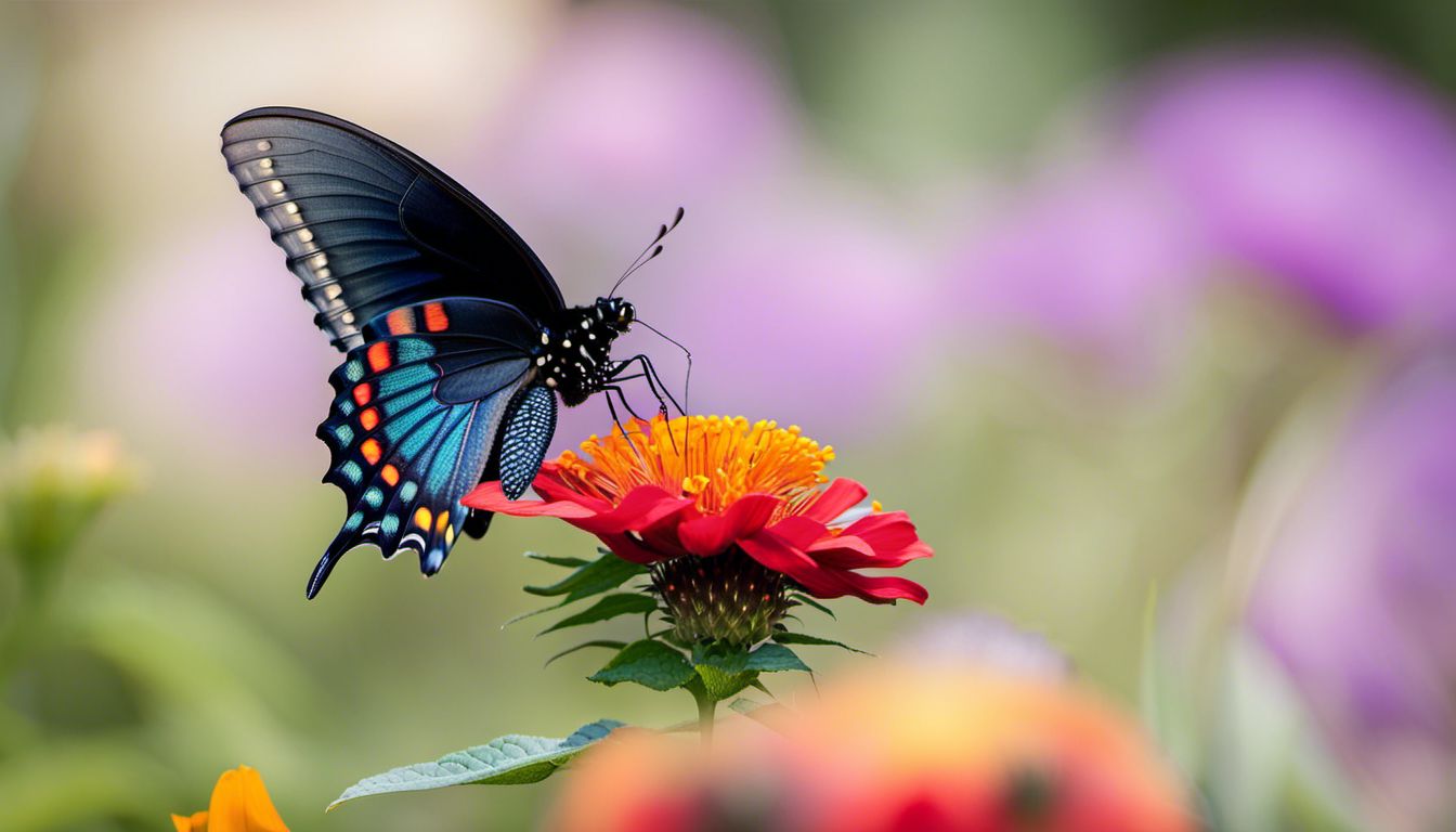 A Pipevine Swallowtail butterfly on a vibrant flower in nature photography.