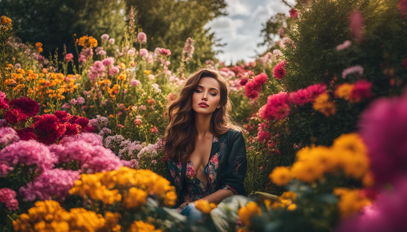 A person surrounded by colorful flowers in a bustling garden.