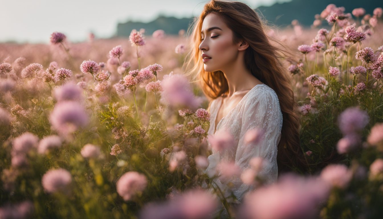 Field of blooming flowers with people of diverse appearance and styles.