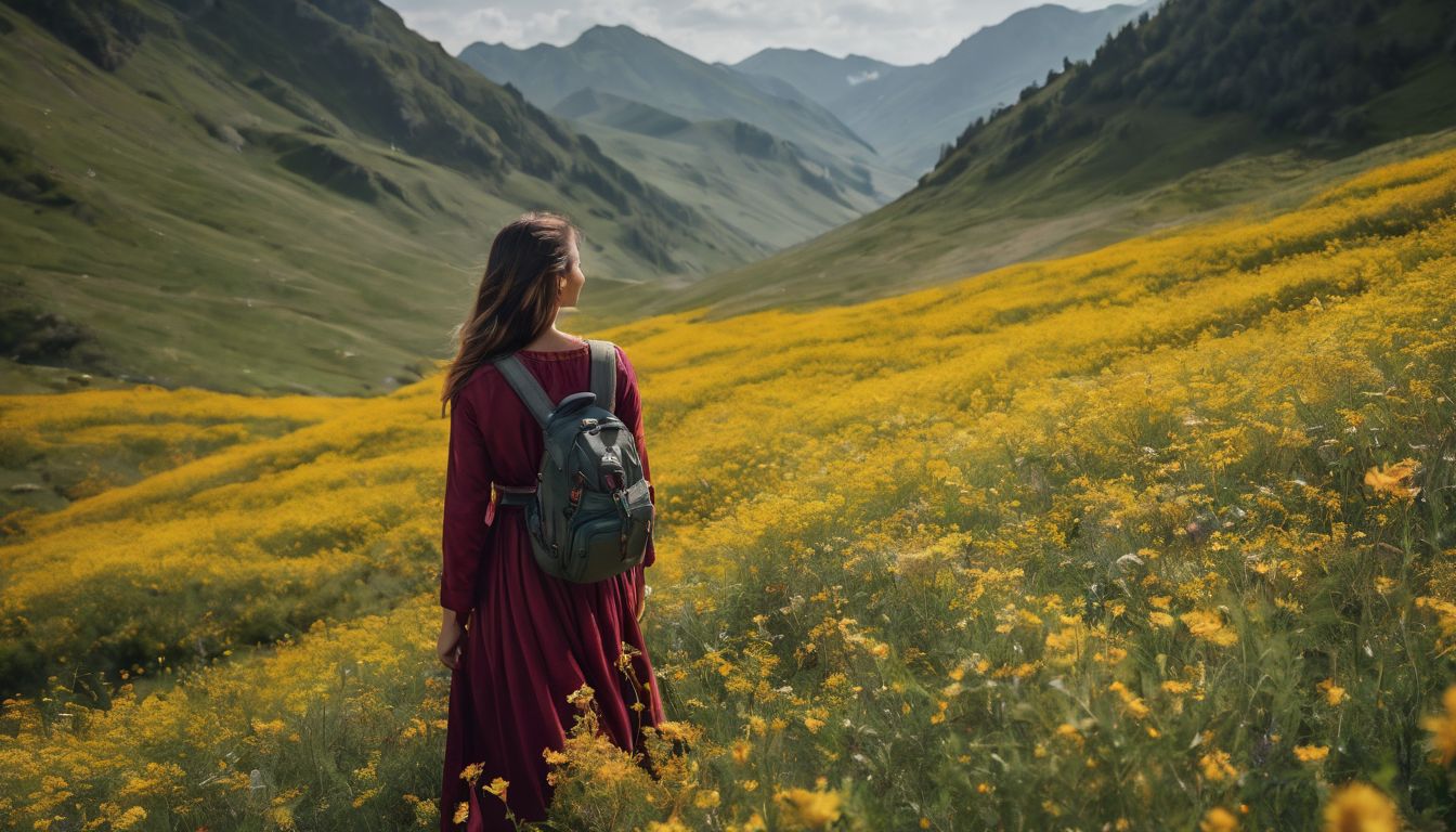 Person surrounded by blooming flowers gazes at the sky, sneezes twice.