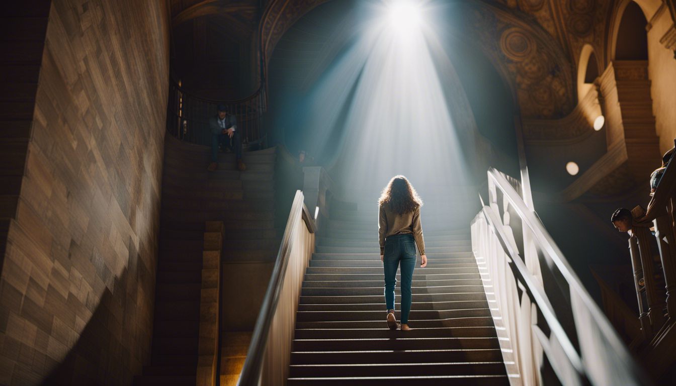A person gazes up at a staircase with a light beam.
