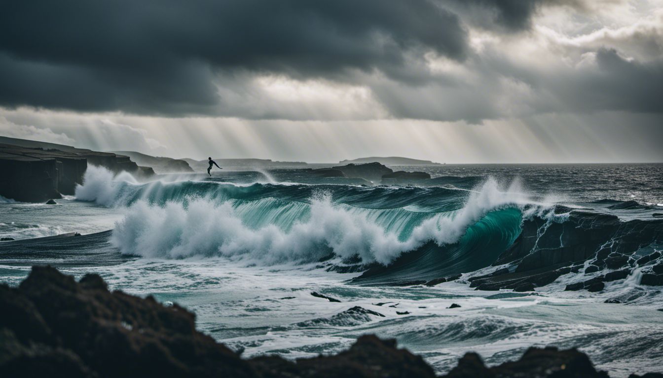 Stormy ocean with crashing waves, diverse people, and different outfits.