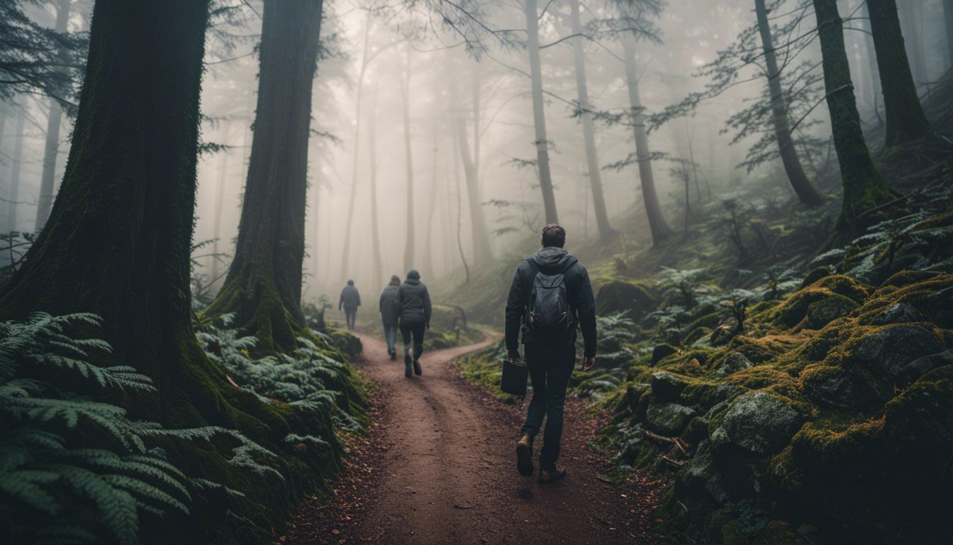 A foggy forest path with diverse people and stunning surroundings.