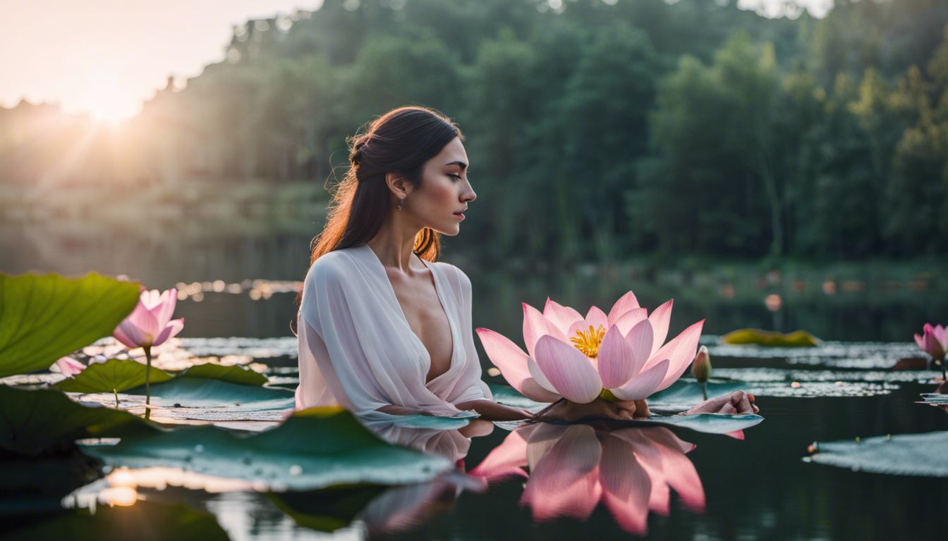 Blooming lotus flower with diverse people in various outfits and hairstyles.