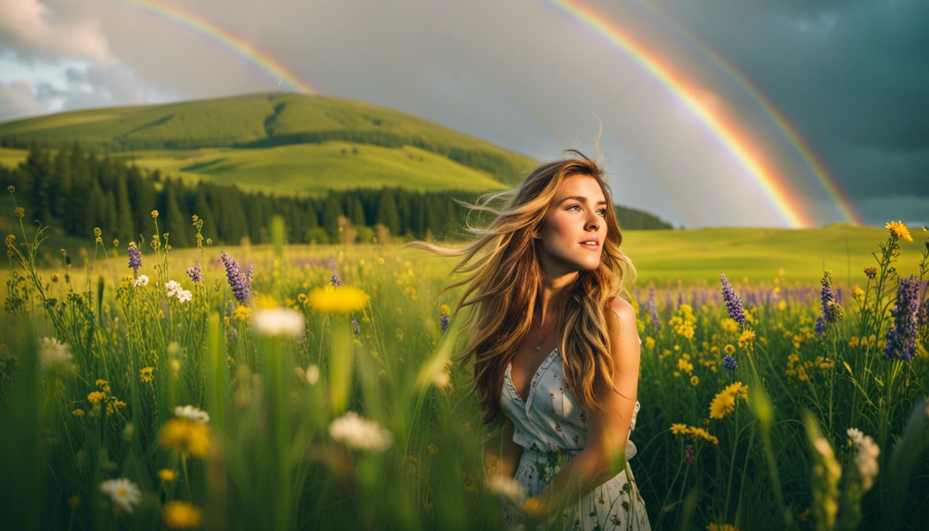 A vibrant field with flowers, a rainbow, and diverse people.