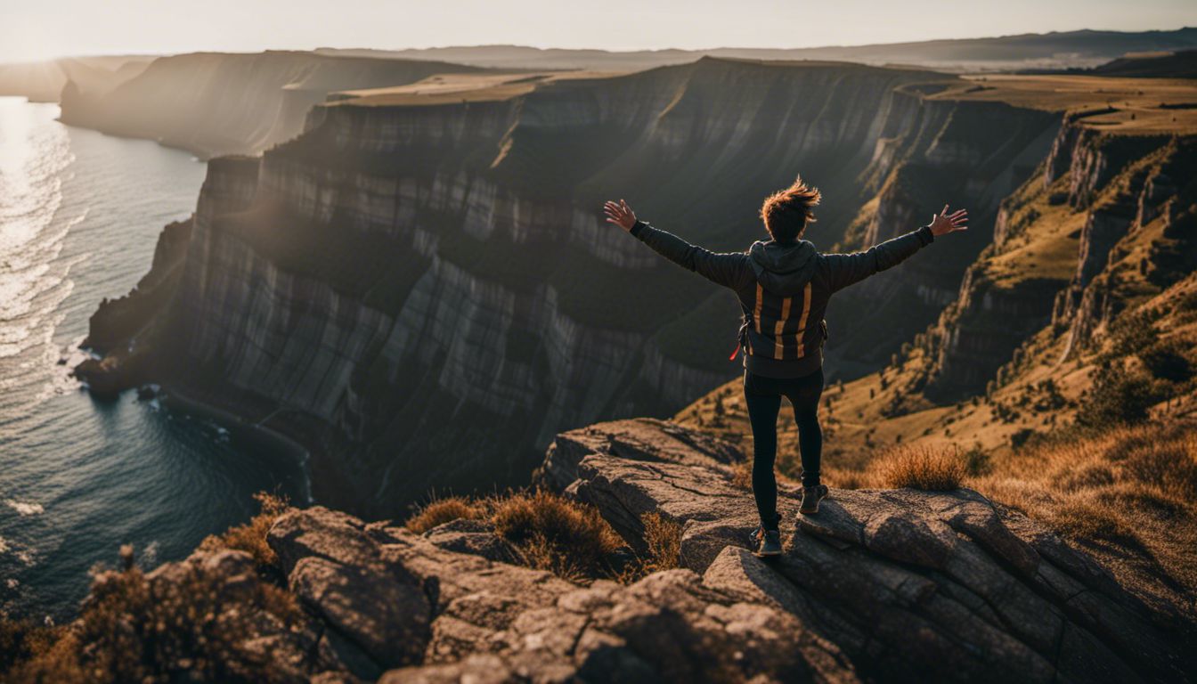 Person standing on cliff with outstretched arms, overlooking horizon.