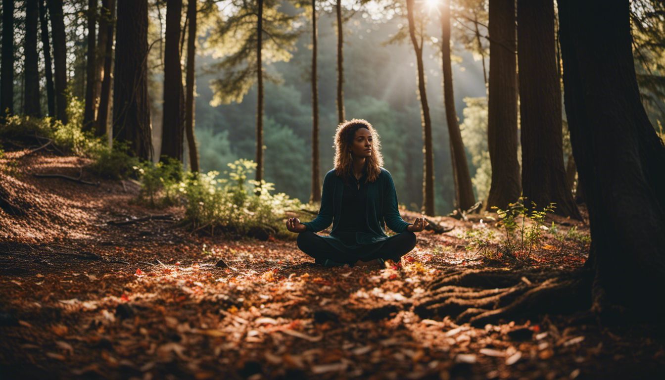 A person meditating under a tree in a serene forest.
