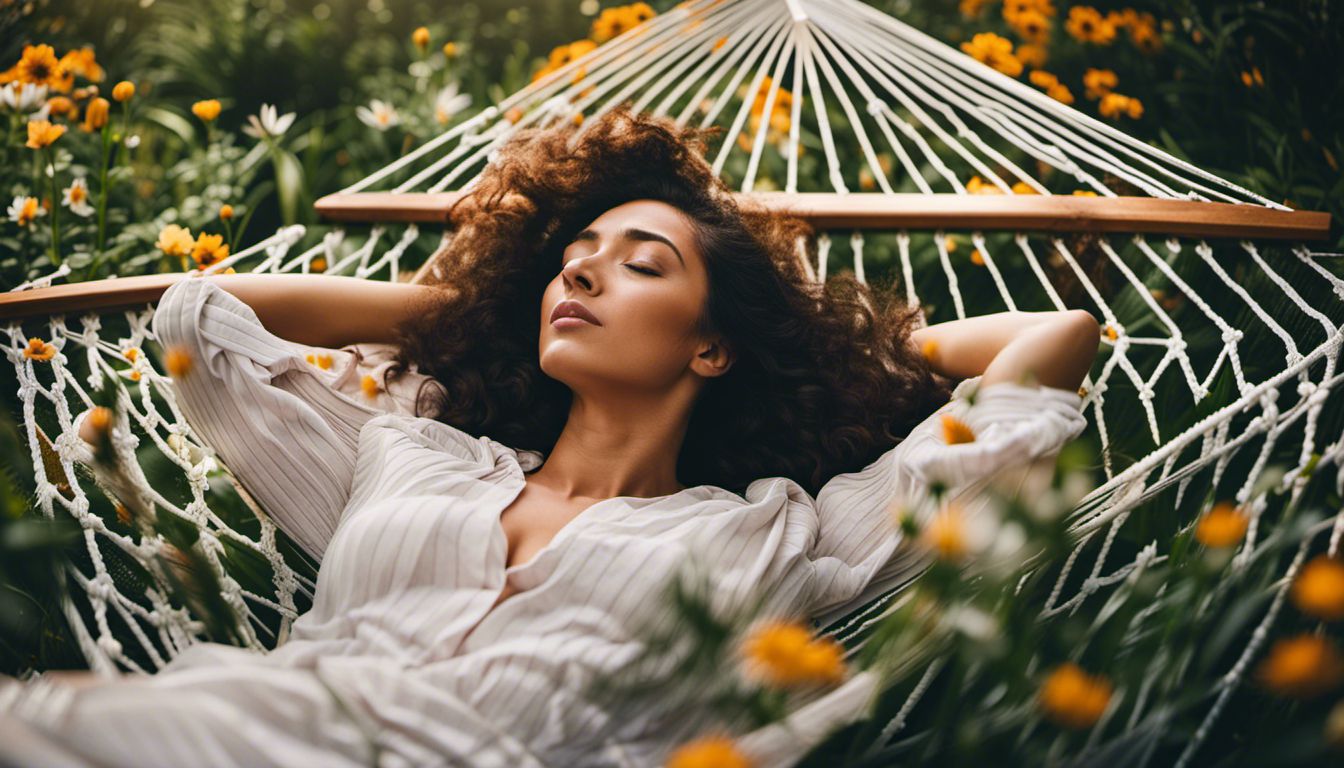 An exhausted woman finds peace in a colorful garden hammock.