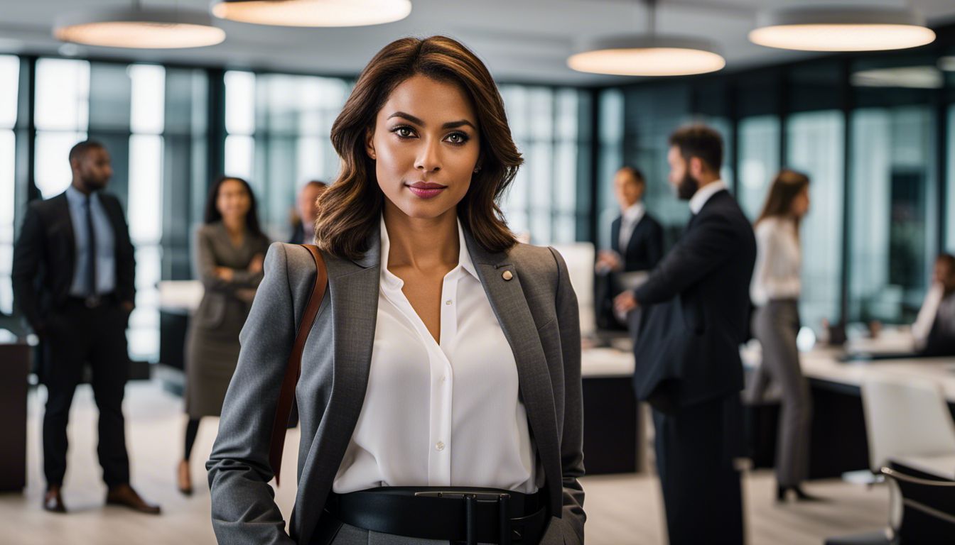 Confident woman in corporate office with colleagues, holding a briefcase.