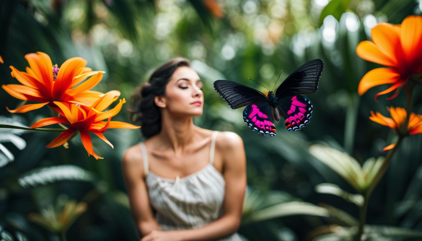 Black butterfly on tropical flower with varied human faces and styles.