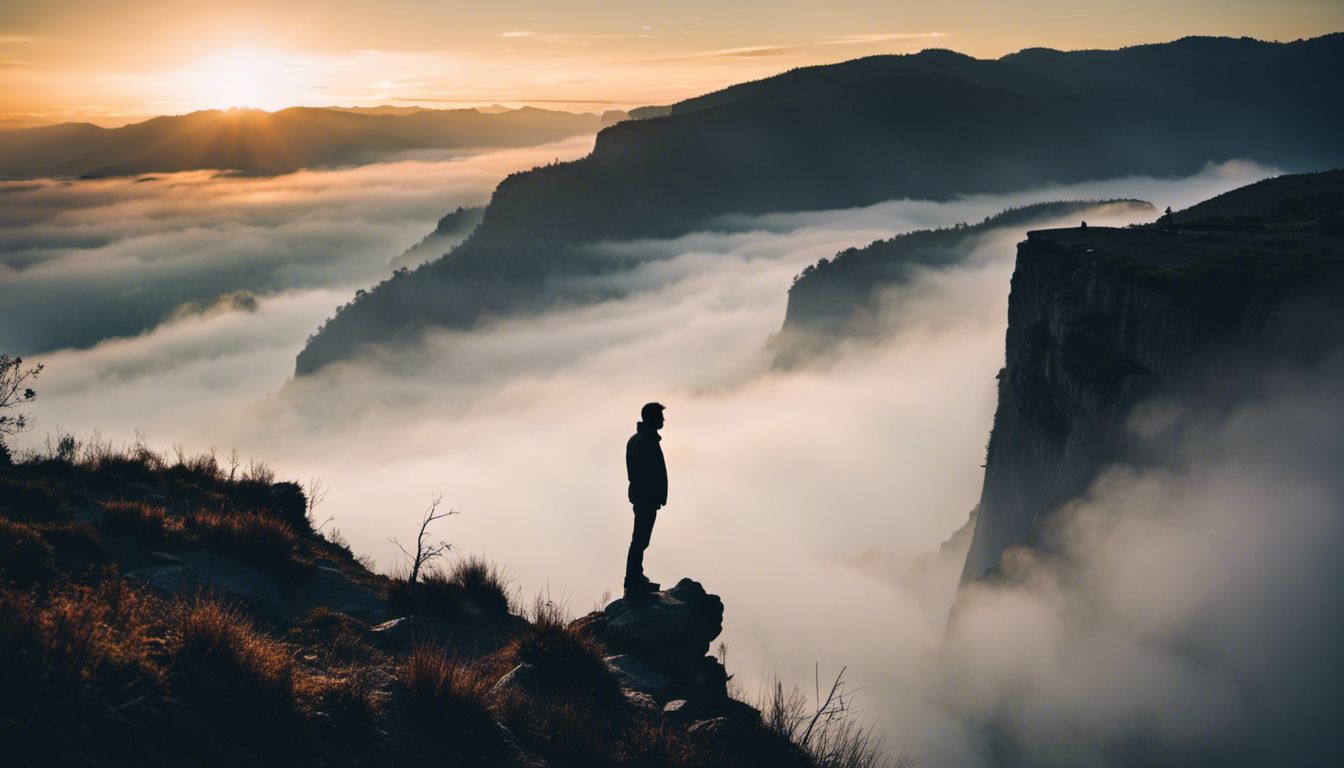 Silhouette of a man on a foggy cliff overlooking a mysterious landscape.