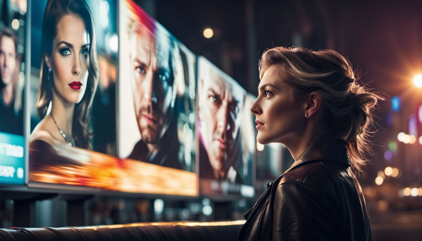 A woman admires a billboard featuring a famous actor.