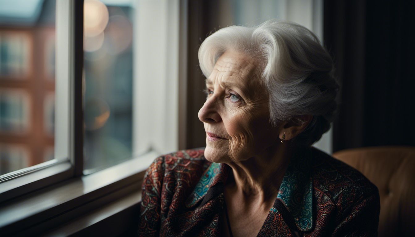 An elderly woman gazes out of a dimly lit room's window.