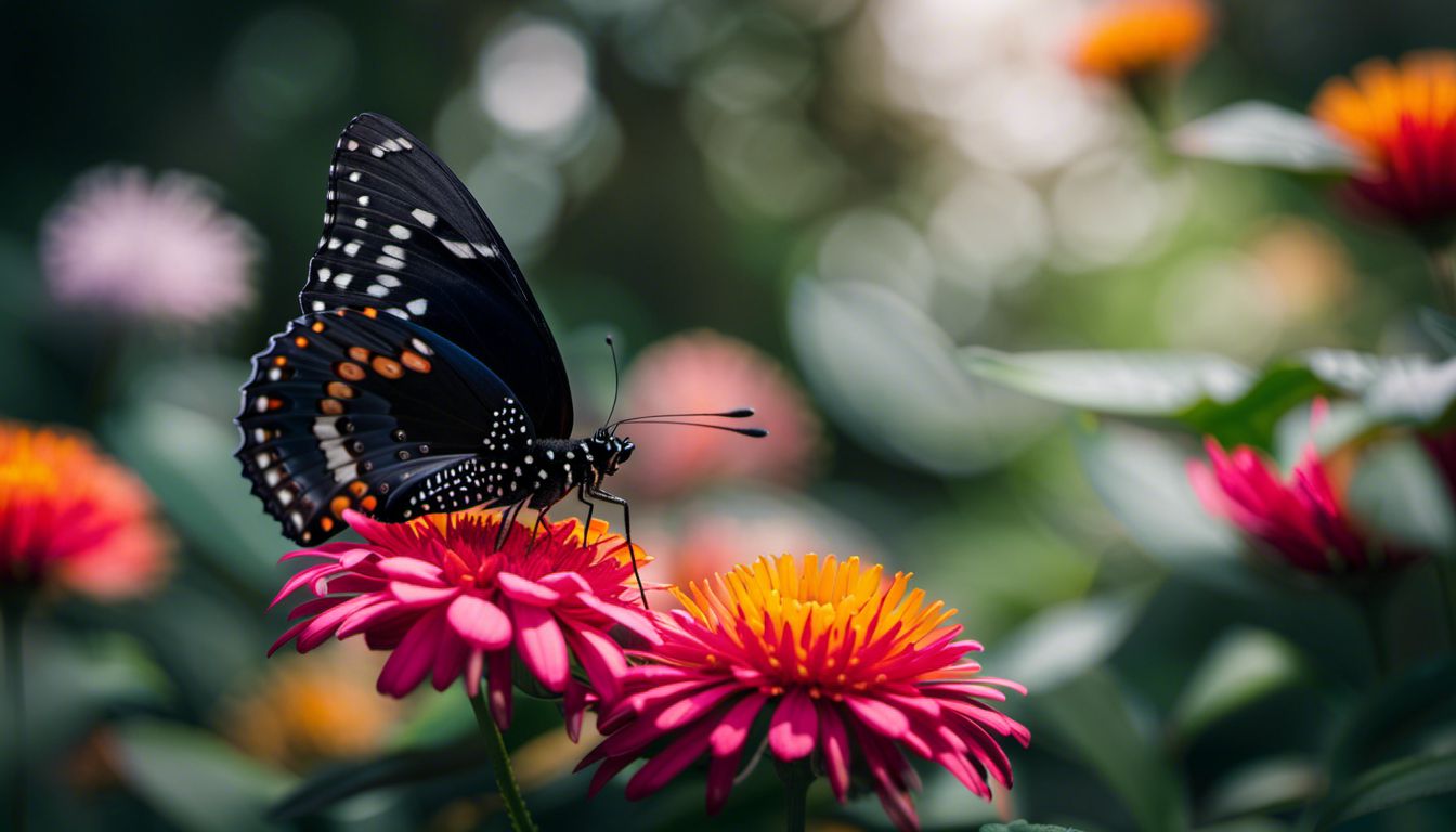 Black butterfly on vibrant flower in lush garden, with various people.