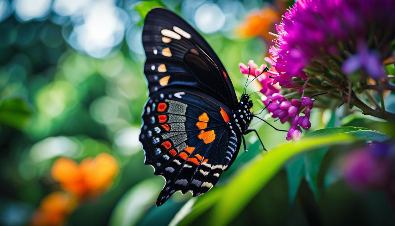 A black butterfly emerges from its cocoon in a vibrant garden.