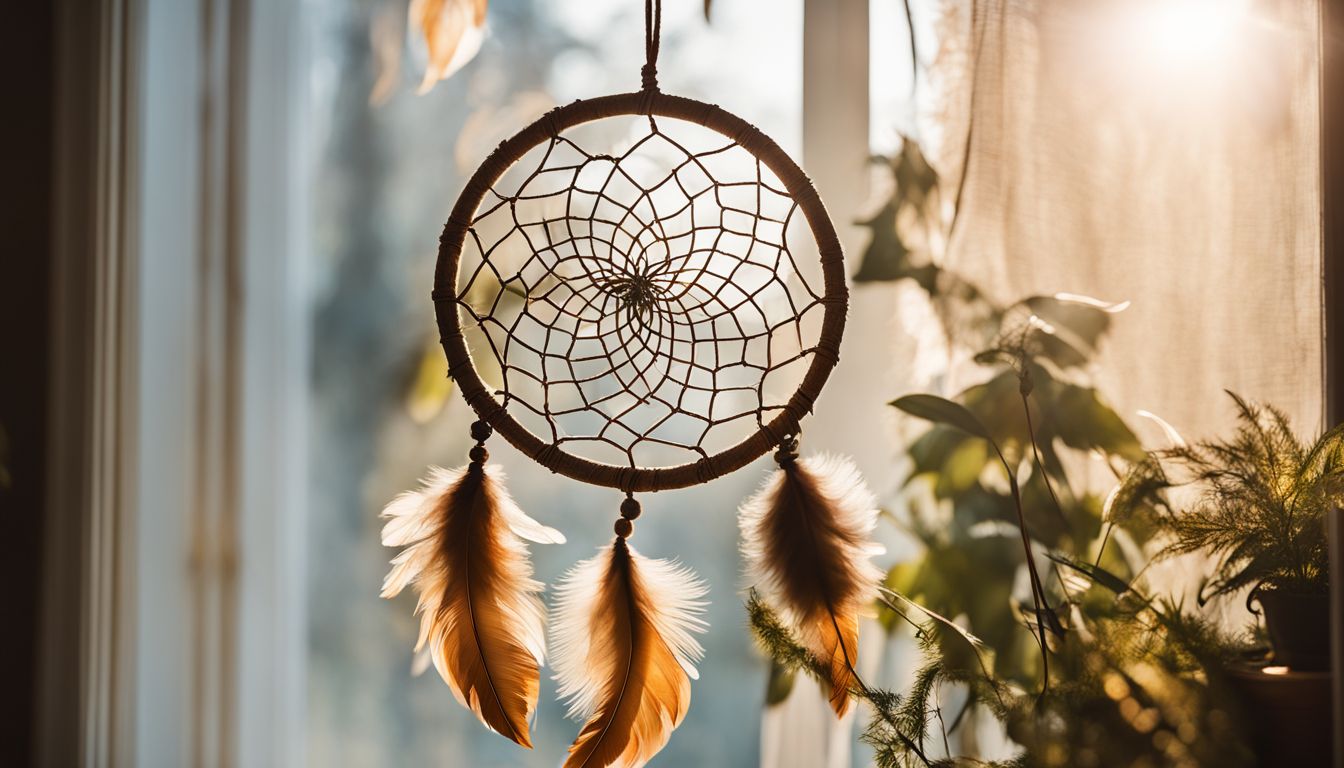 A diverse and vibrant dreamcatcher surrounded by feathers and plants.