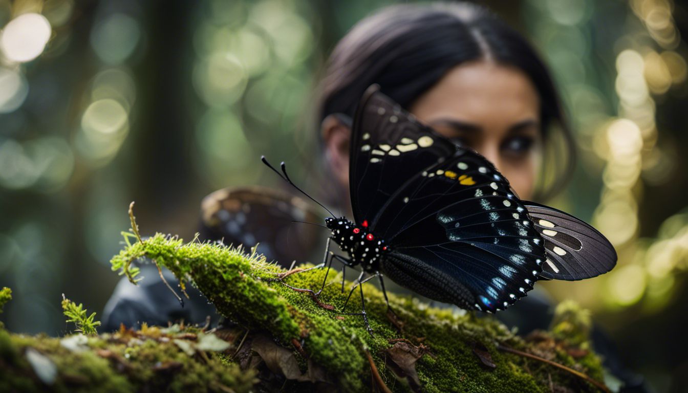Black butterfly perched on mossy branch in mystical forest, surrounded by nature.