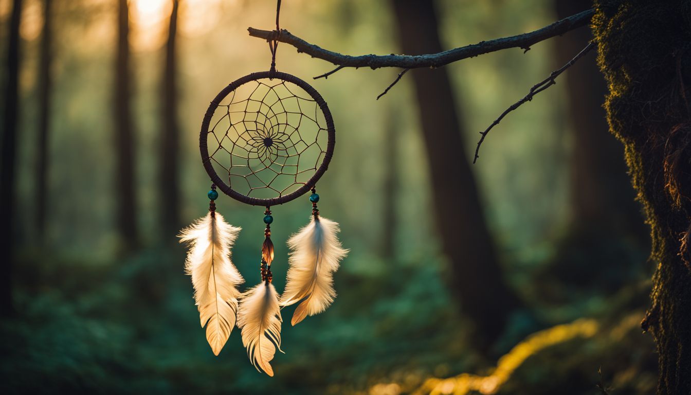 A dreamcatcher hanging in a bohemian bedroom with diverse people.