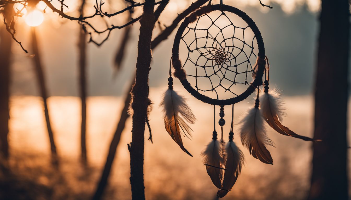 A close-up photo of a dreamcatcher hanging in a mystical forest.