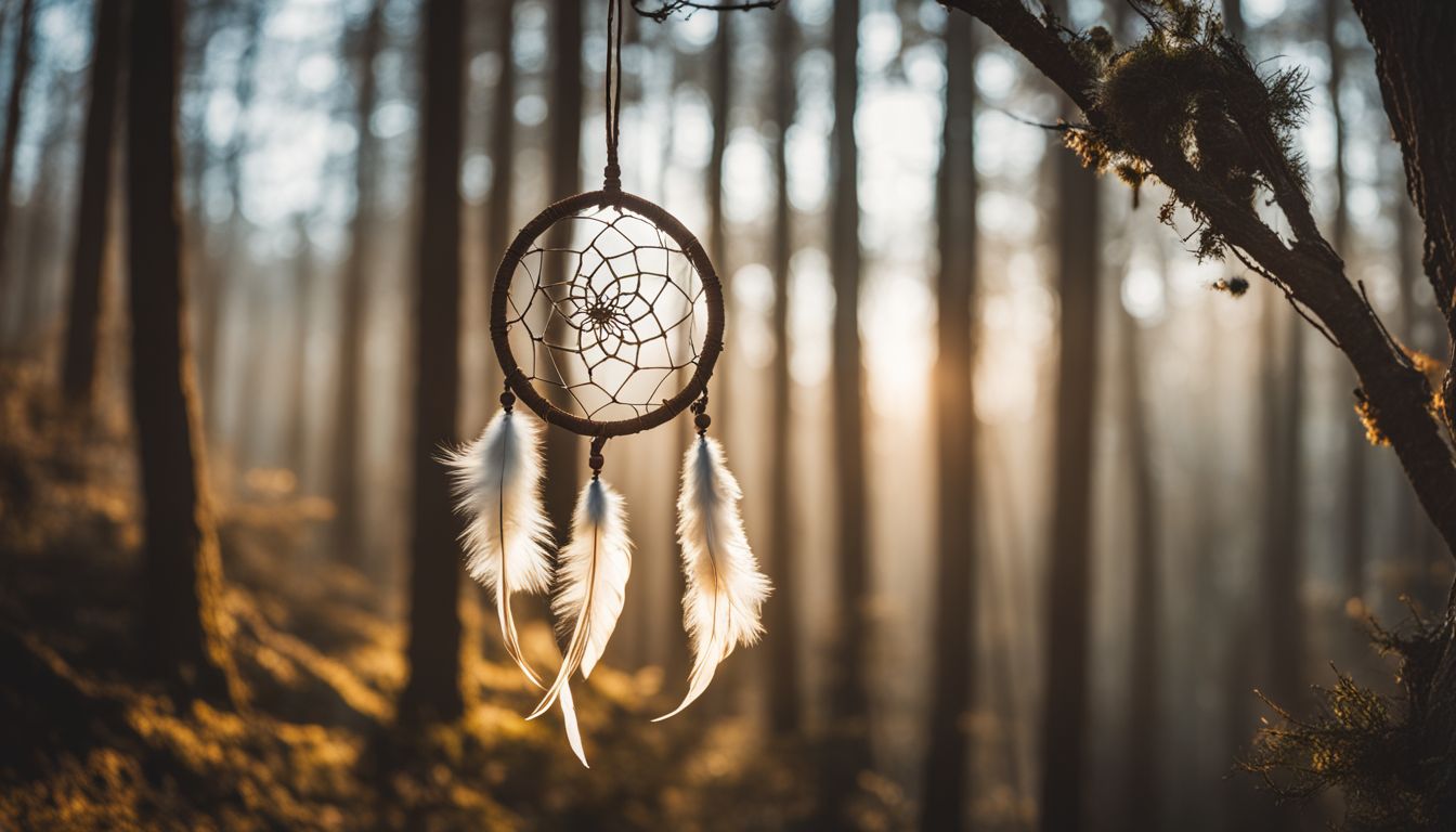 A dreamcatcher hanging in a peaceful forest, surrounded by diverse people.