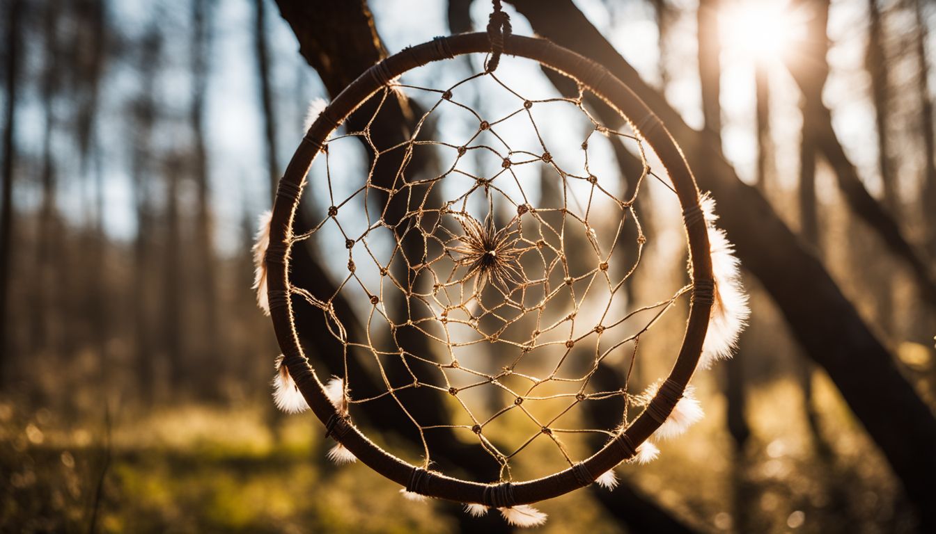 Close-up photo of a dreamcatcher hanging in a forest with diverse people.