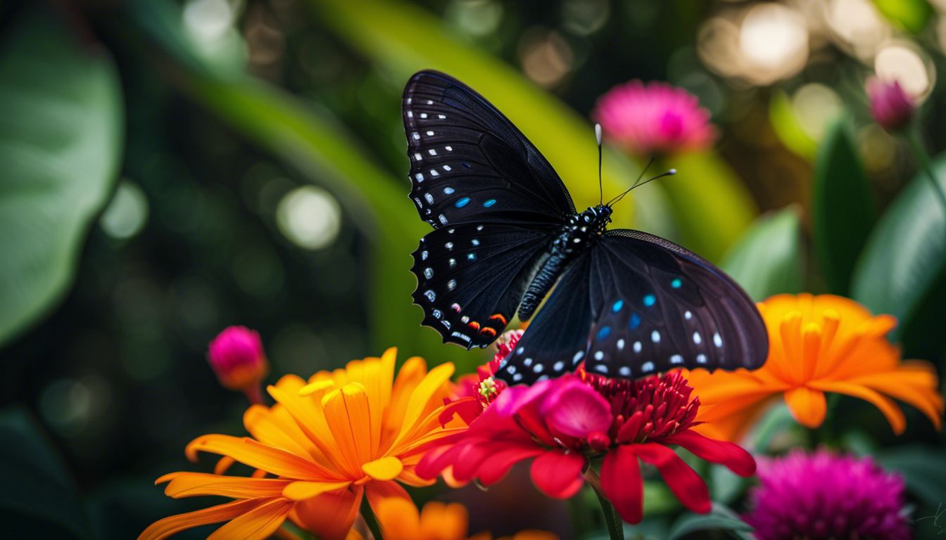 Black butterfly on colorful flower in tropical garden, with different faces.