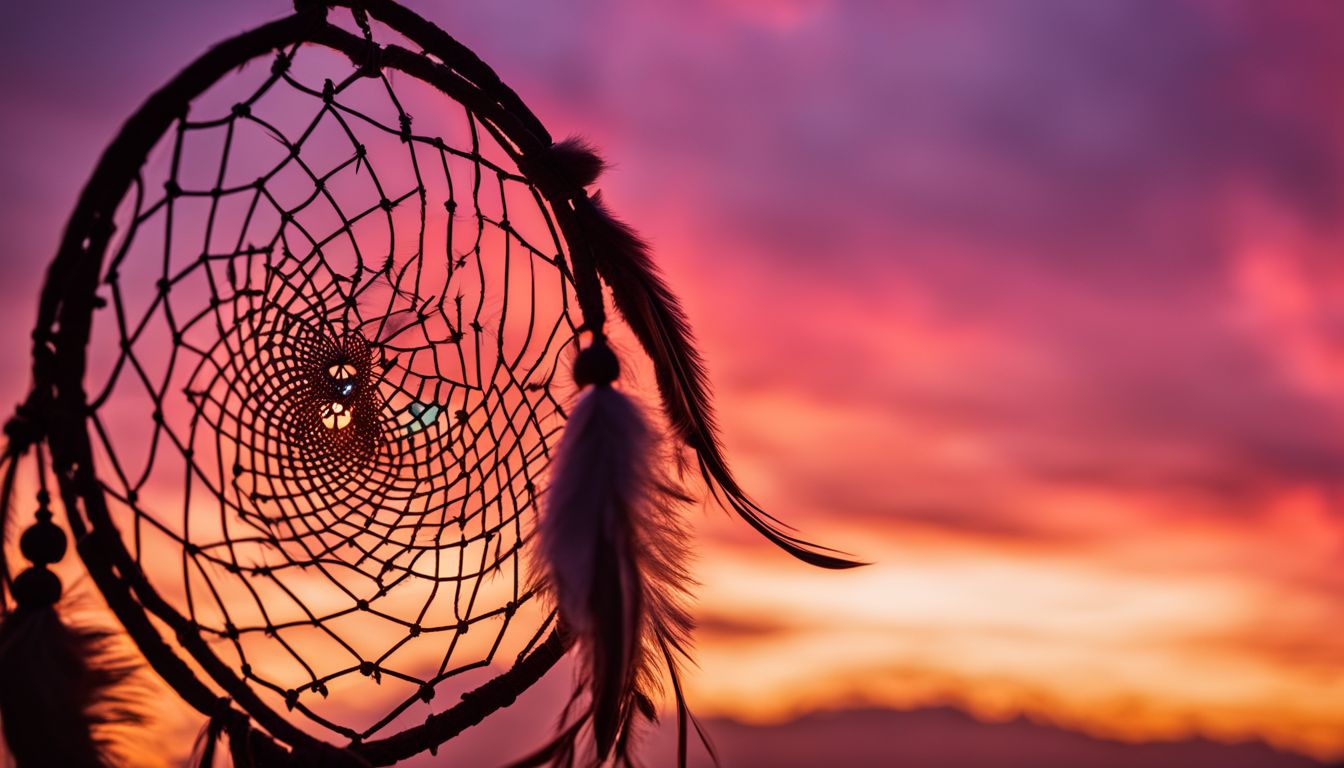 A vibrant dreamcatcher against a sunset sky with diverse people.