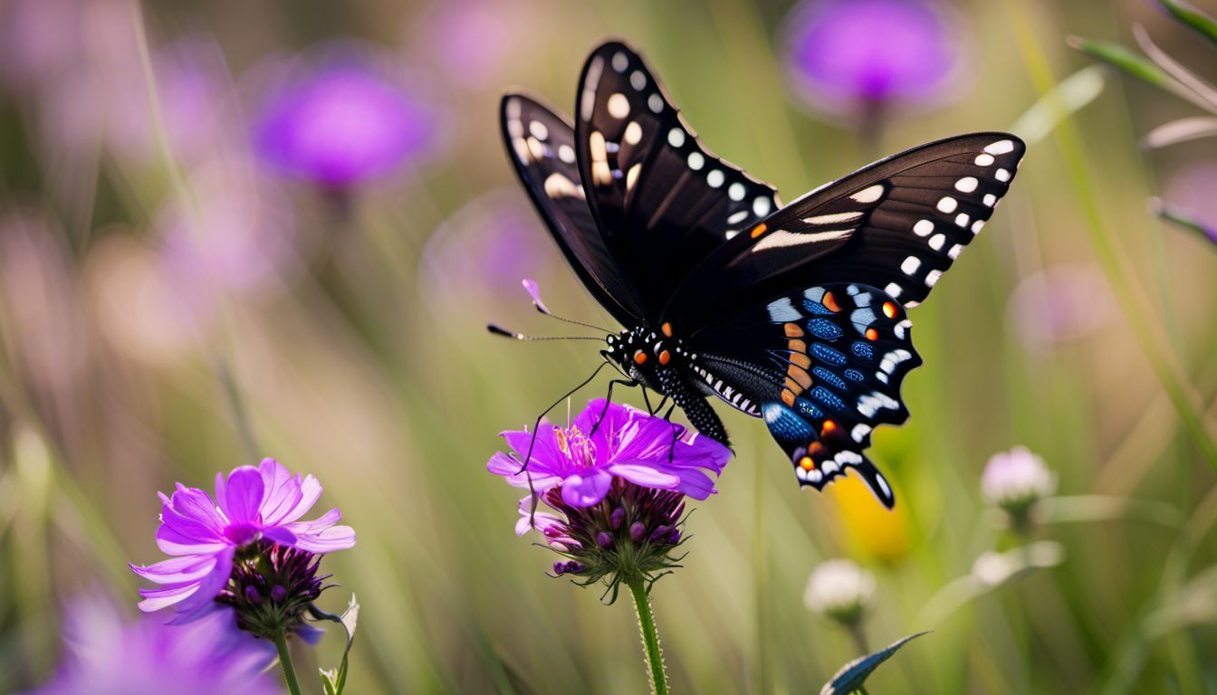 A photograph of a Black Swallowtail butterfly on a purple wildflower.