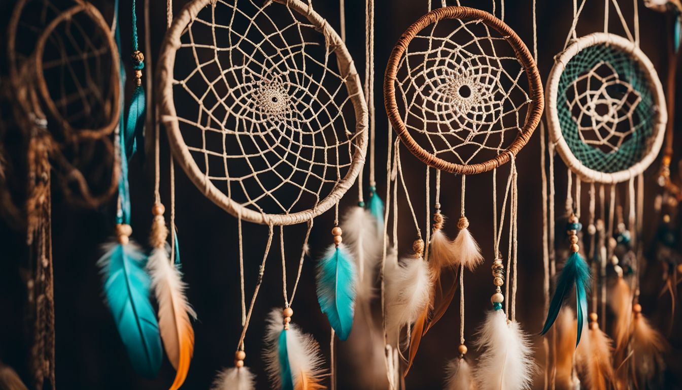 Close-up of diverse dreamcatchers, with various designs and people of different ethnicities.