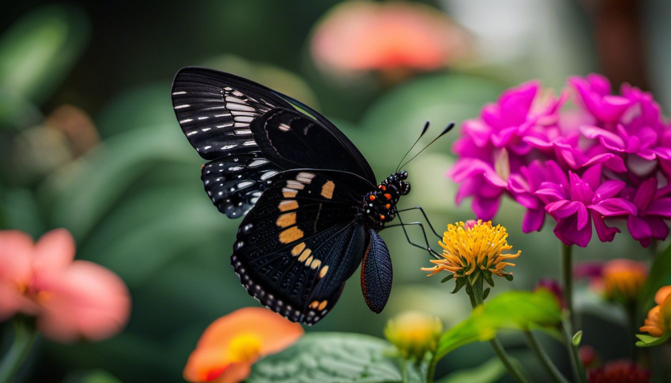 A black butterfly on a vibrant flower in a lush garden.