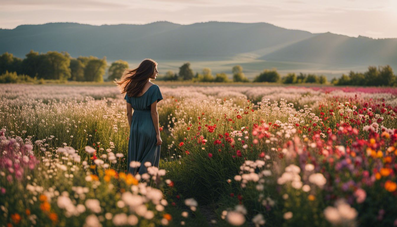Person standing in a field surrounded by blooming flowers in nature.