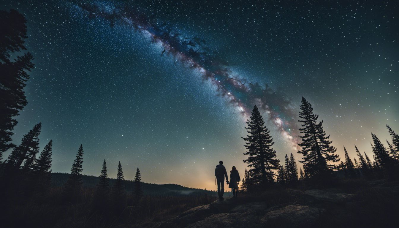 Photograph of a serene forest with shimmering stars in the sky.