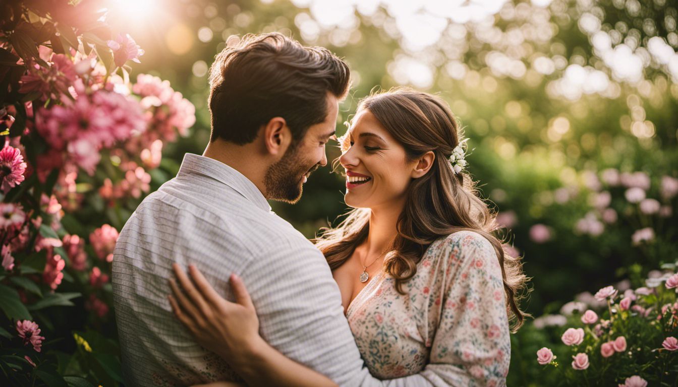 Happy pregnant couple embracing in a blooming garden.