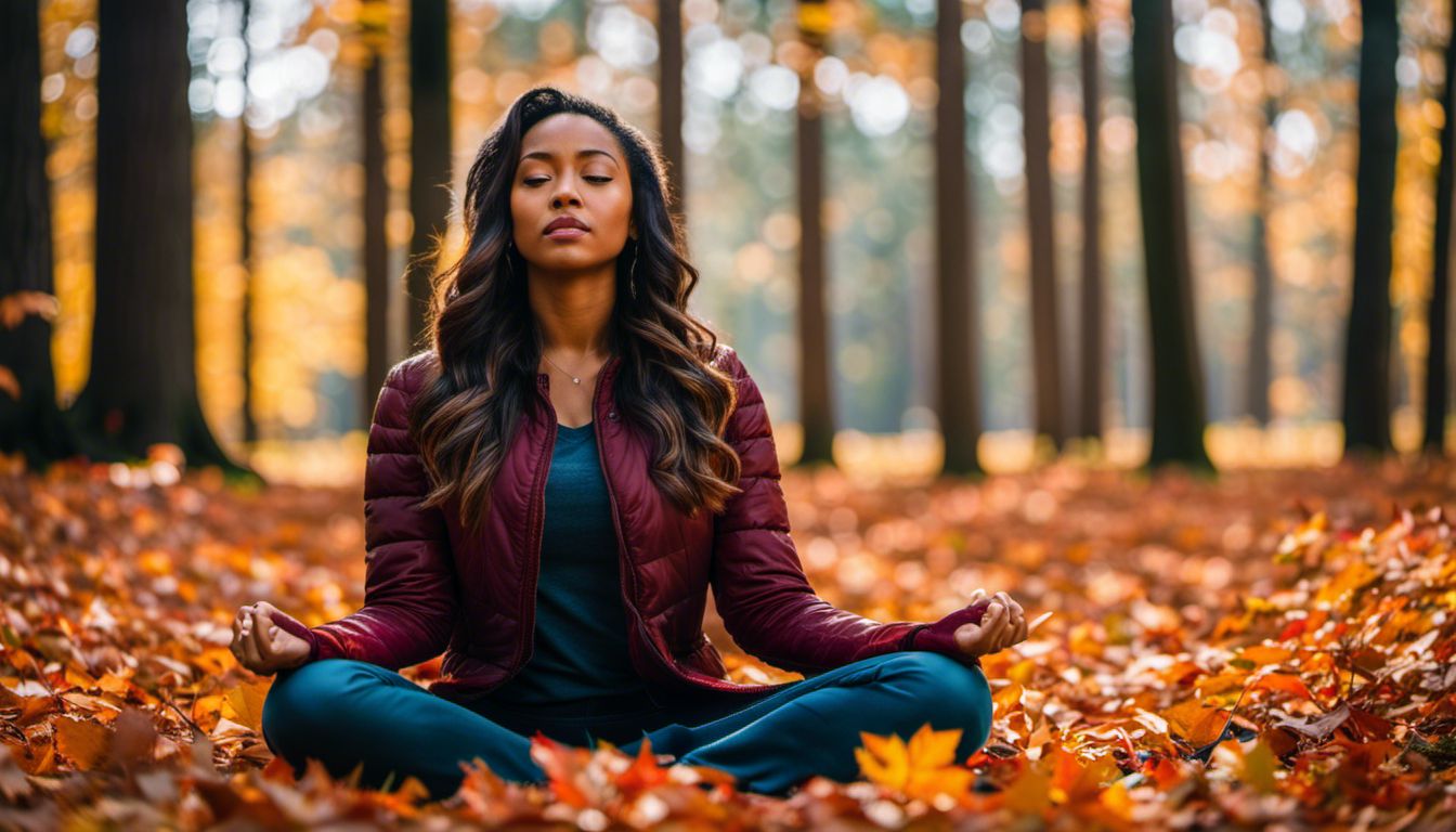 A woman meditates in a serene autumn forest surrounded by vibrant leaves.