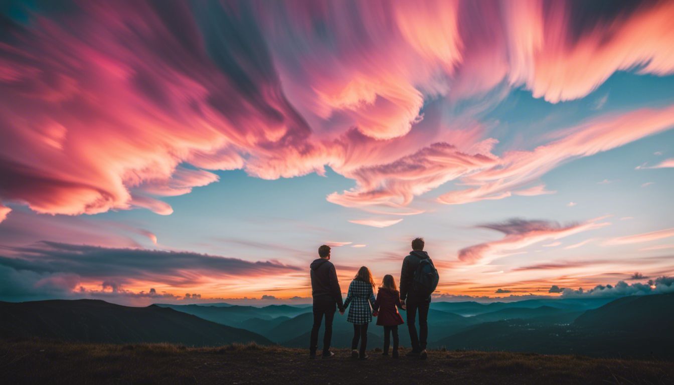 Photography of Heart-shaped clouds in a vibrant sky with diverse people.